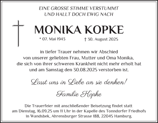Traueranzeige von Monika Kopke von Hamburger Abendblatt