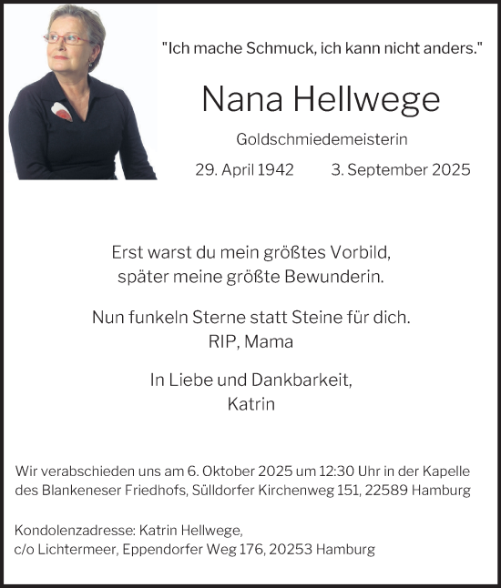 Traueranzeige von Nana Hellwege von Hamburger Abendblatt