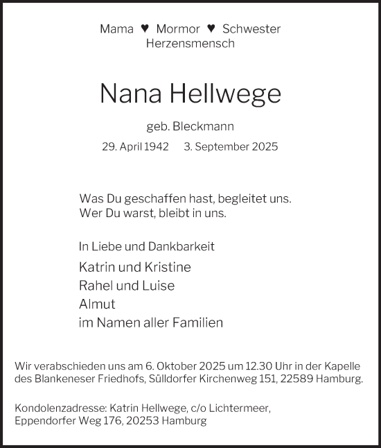 Traueranzeige von Nana Hellwege von Hamburger Abendblatt