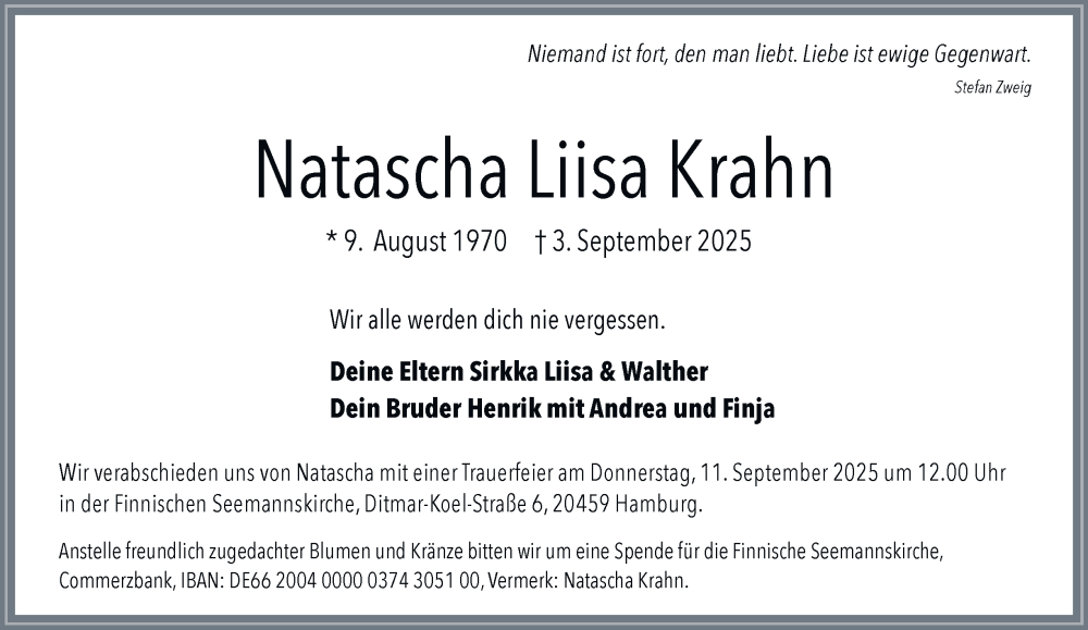  Traueranzeige für Natascha Liisa Krahn vom 06.09.2025 aus Hamburger Abendblatt