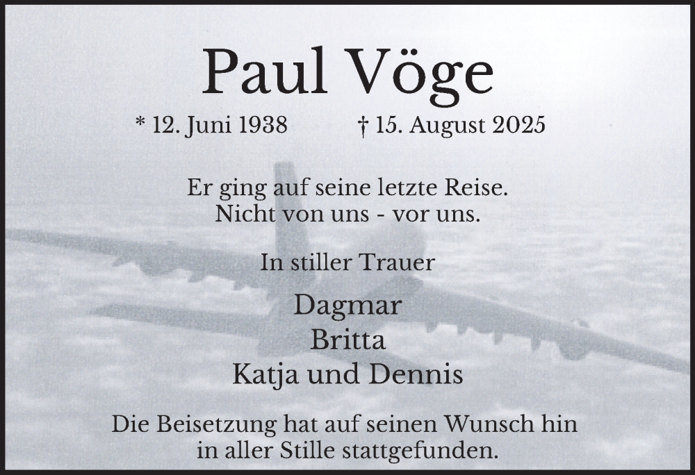  Traueranzeige für Paul Vöge vom 06.09.2025 aus Hamburger Abendblatt
