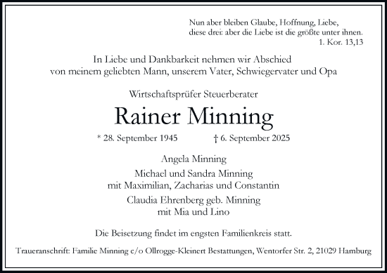 Traueranzeige von Rainer Minning von Hamburger Abendblatt