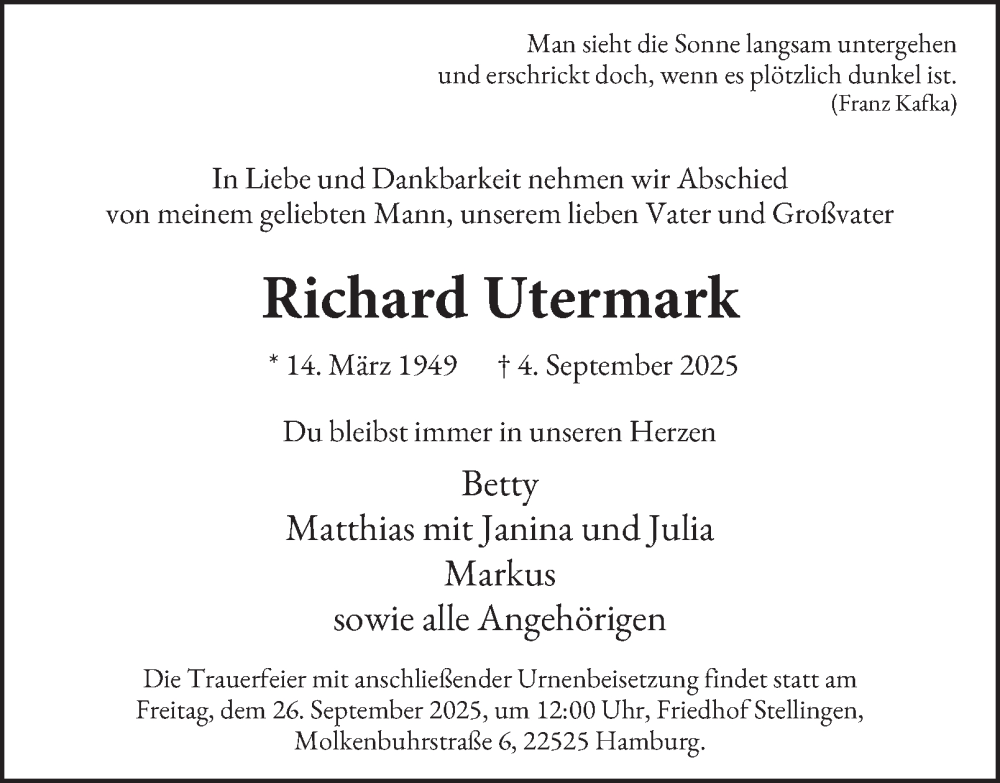  Traueranzeige für Richard Utermark vom 13.09.2025 aus Hamburger Abendblatt
