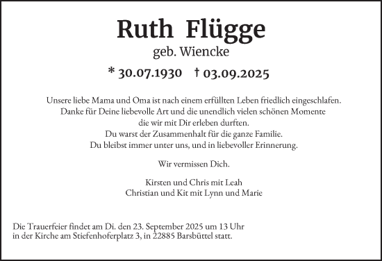 Traueranzeige von Ruth Flügge von Hamburger Abendblatt