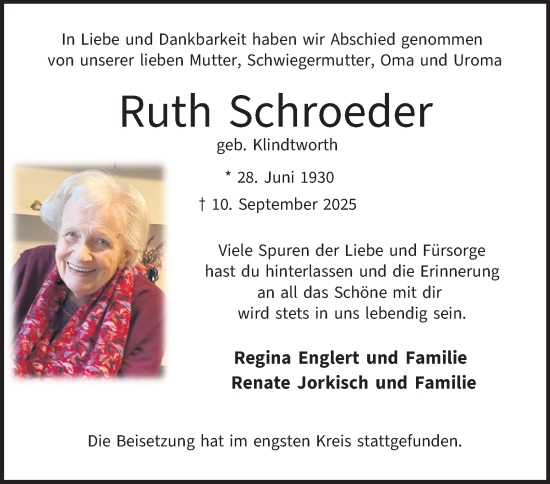 Traueranzeige von Ruth Schroeder 