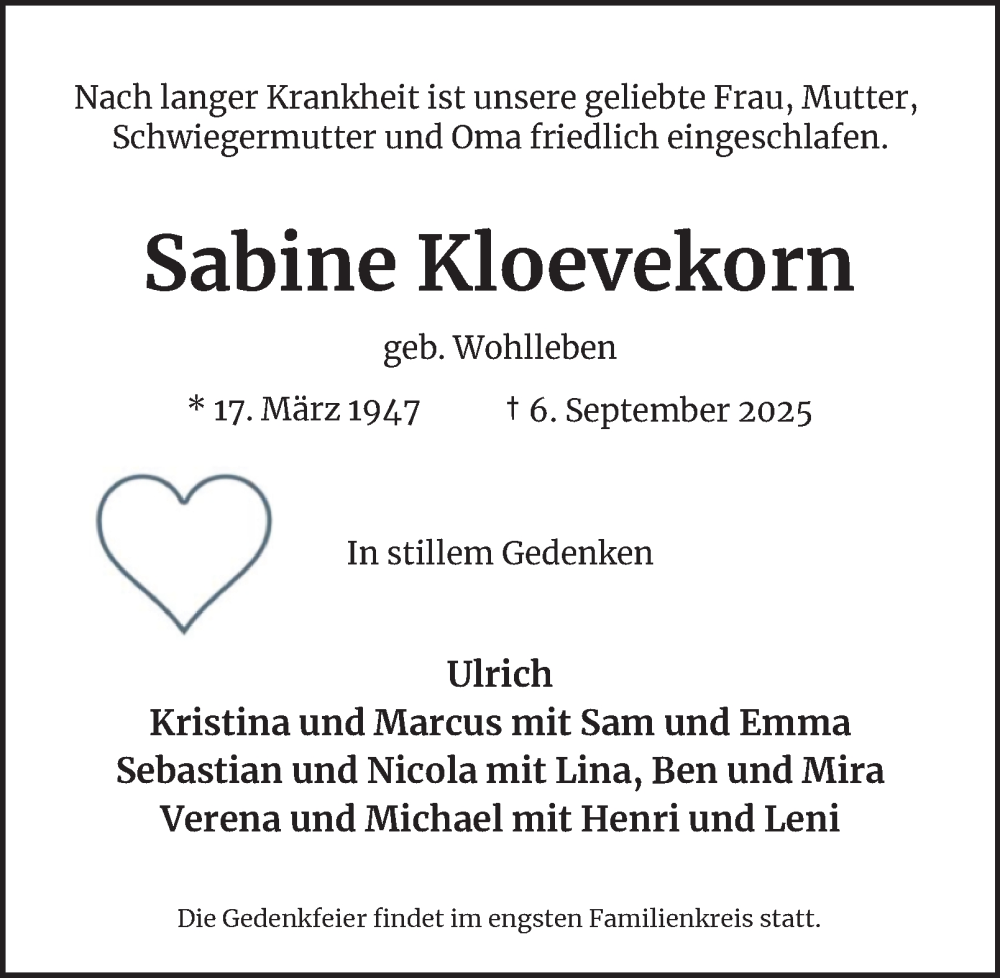  Traueranzeige für Sabine Kloevekorn vom 13.09.2025 aus Hamburger Abendblatt