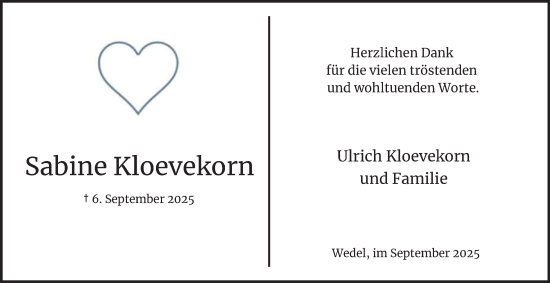 Traueranzeige von Sabine Kloevekorn von Hamburger Abendblatt