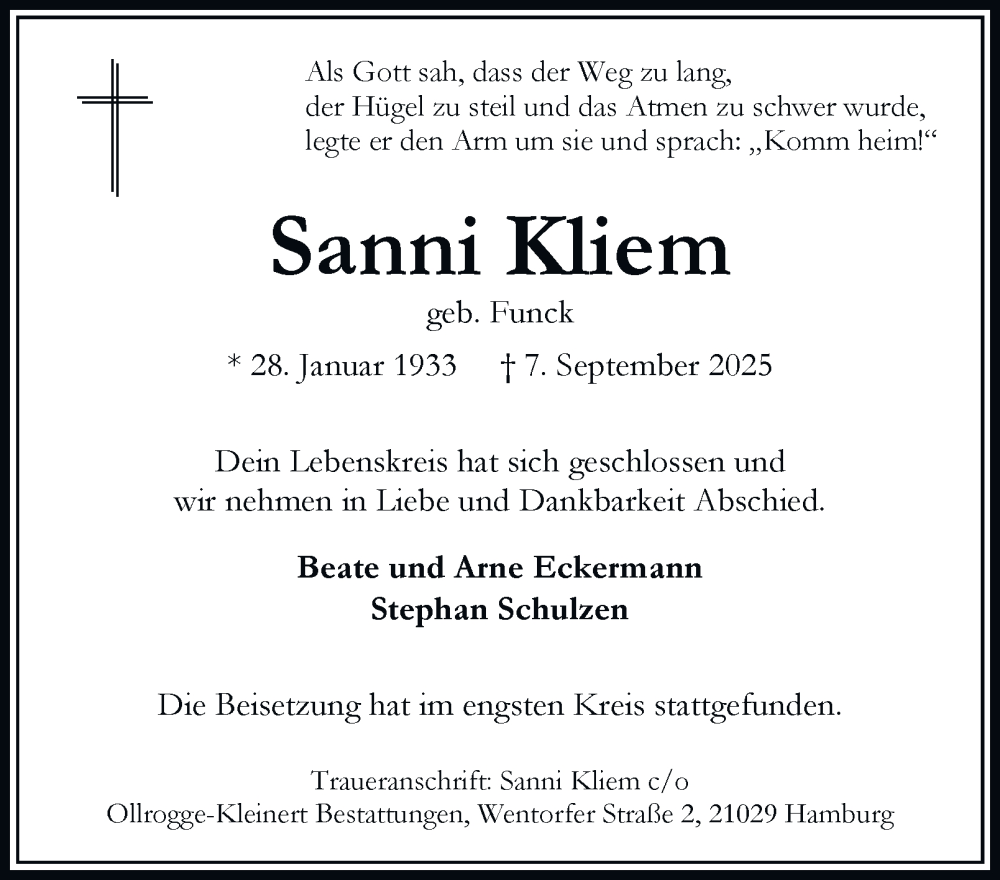  Traueranzeige für Sanni Kliem vom 20.09.2025 aus Bergedorfer Zeitung
