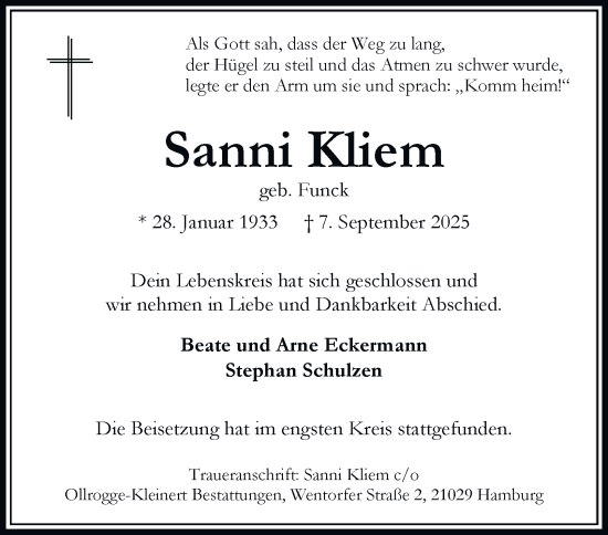 Traueranzeige von Sanni Kliem von Bergedorfer Zeitung