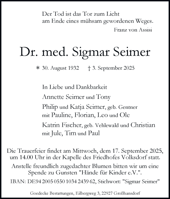 Traueranzeige von Sigmar Seimer von Hamburger Abendblatt