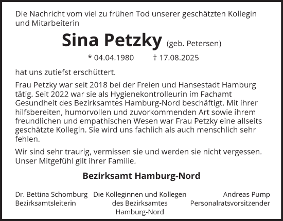 Traueranzeige von Sina Petzky von Hamburger Abendblatt