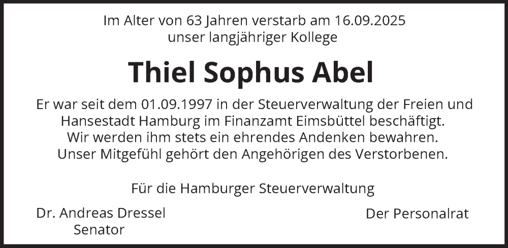  Traueranzeige für Sophus Abel vom 27.09.2025 aus Hamburger Abendblatt
