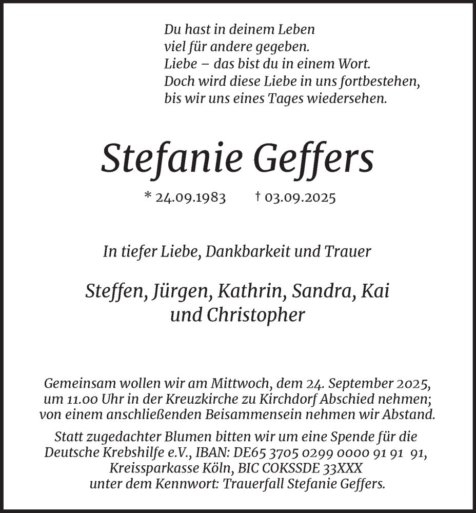  Traueranzeige für Stefanie Geffers vom 20.09.2025 aus 