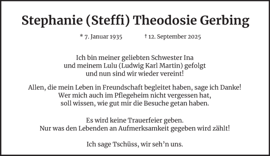 Traueranzeige von Stephanie Theodosie Gerbing von Hamburger Abendblatt