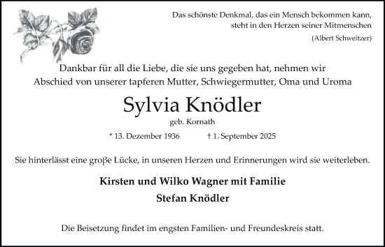 Traueranzeige von Sylvia Knödler von Hamburger Abendblatt