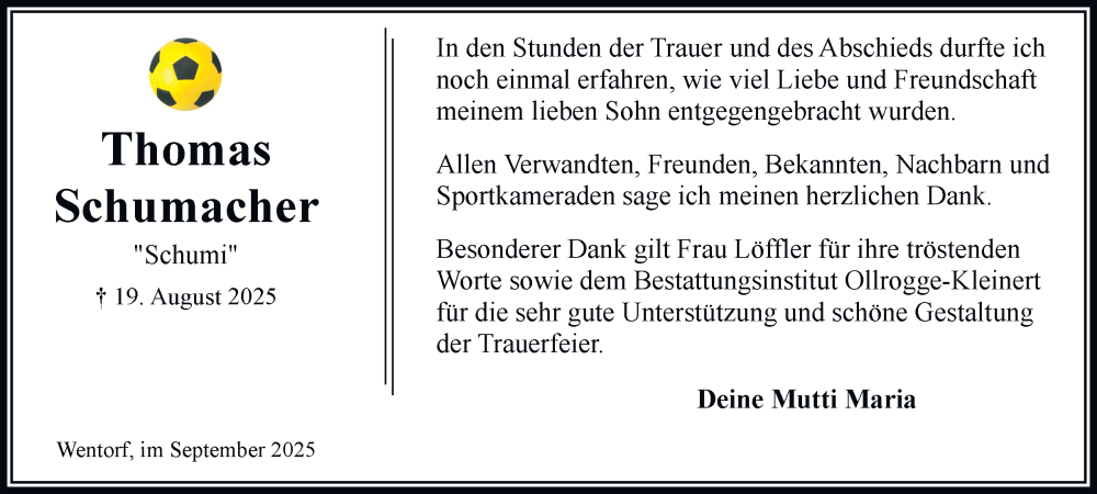  Traueranzeige für Thomas Schumacher vom 13.09.2025 aus Bergedorfer Zeitung