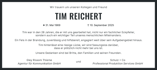 Traueranzeige von Tim Reichert von Hamburger Abendblatt