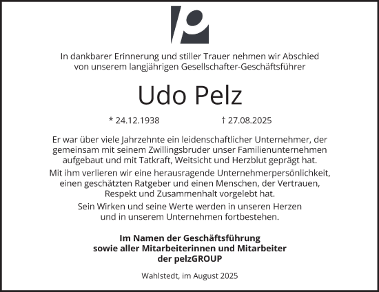 Traueranzeige von Udo Pelz von Hamburger Abendblatt