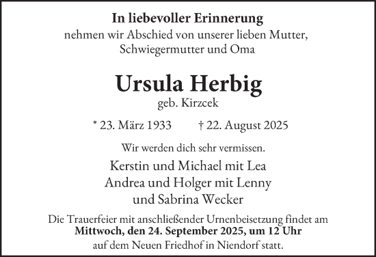 Traueranzeige von Ursula Herbig 