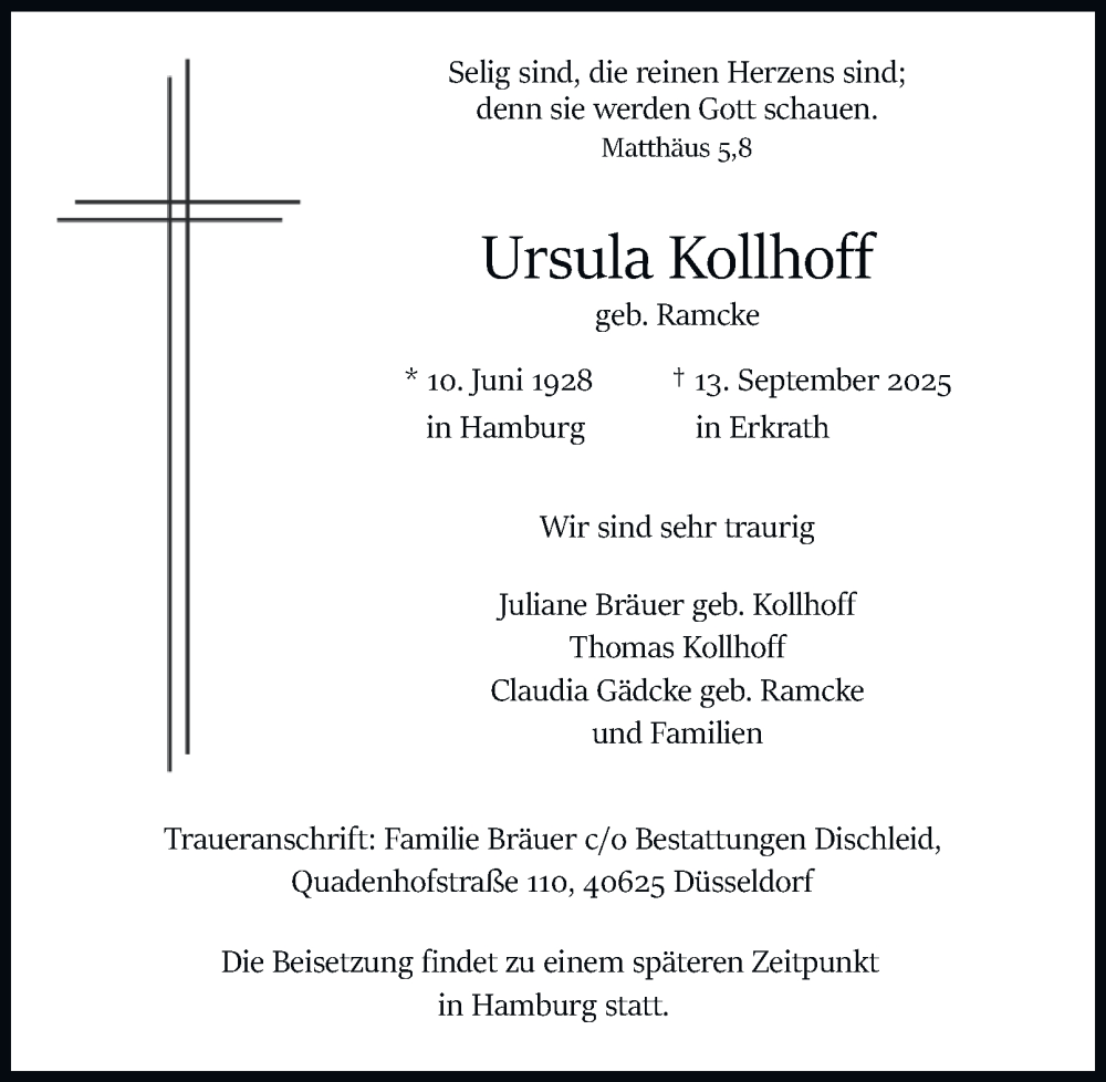  Traueranzeige für Ursula Kollhoff vom 20.09.2025 aus Hamburger Abendblatt