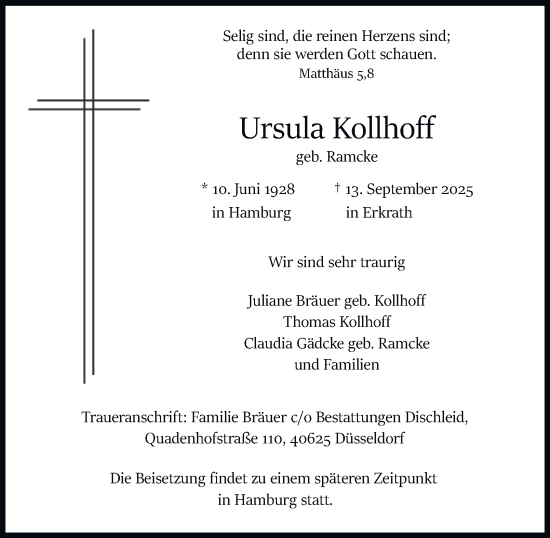 Traueranzeige von Ursula Kollhoff von Hamburger Abendblatt