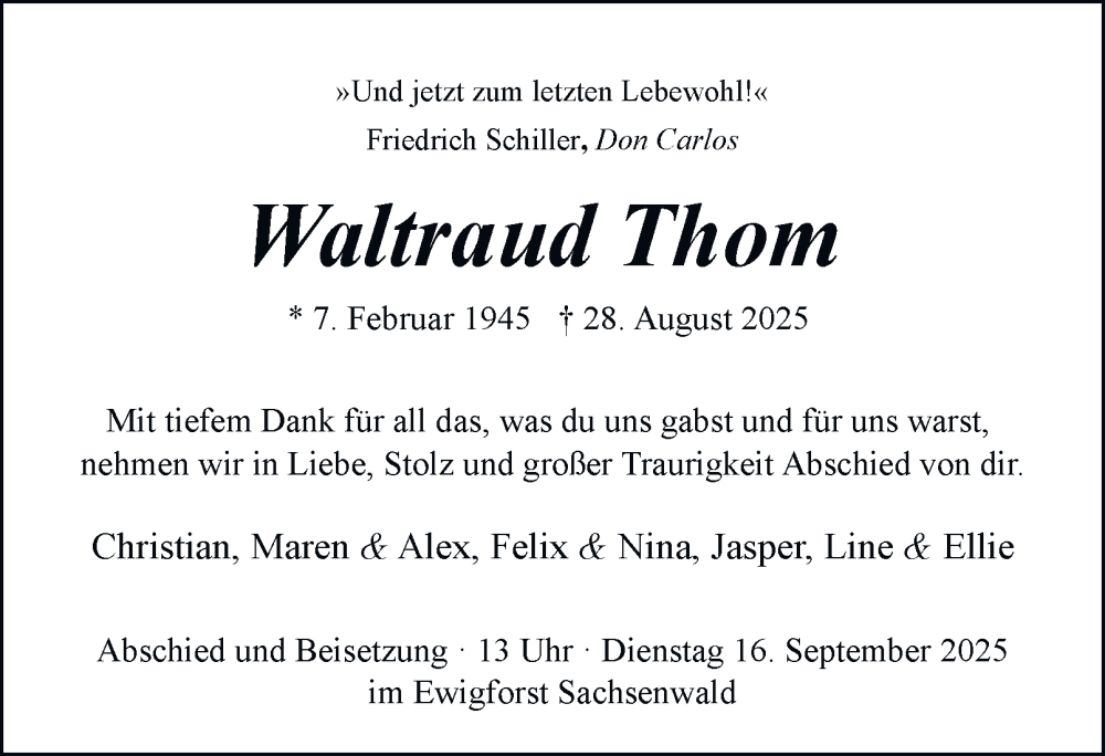  Traueranzeige für Waltraud Thom vom 06.09.2025 aus Bergedorfer Zeitung