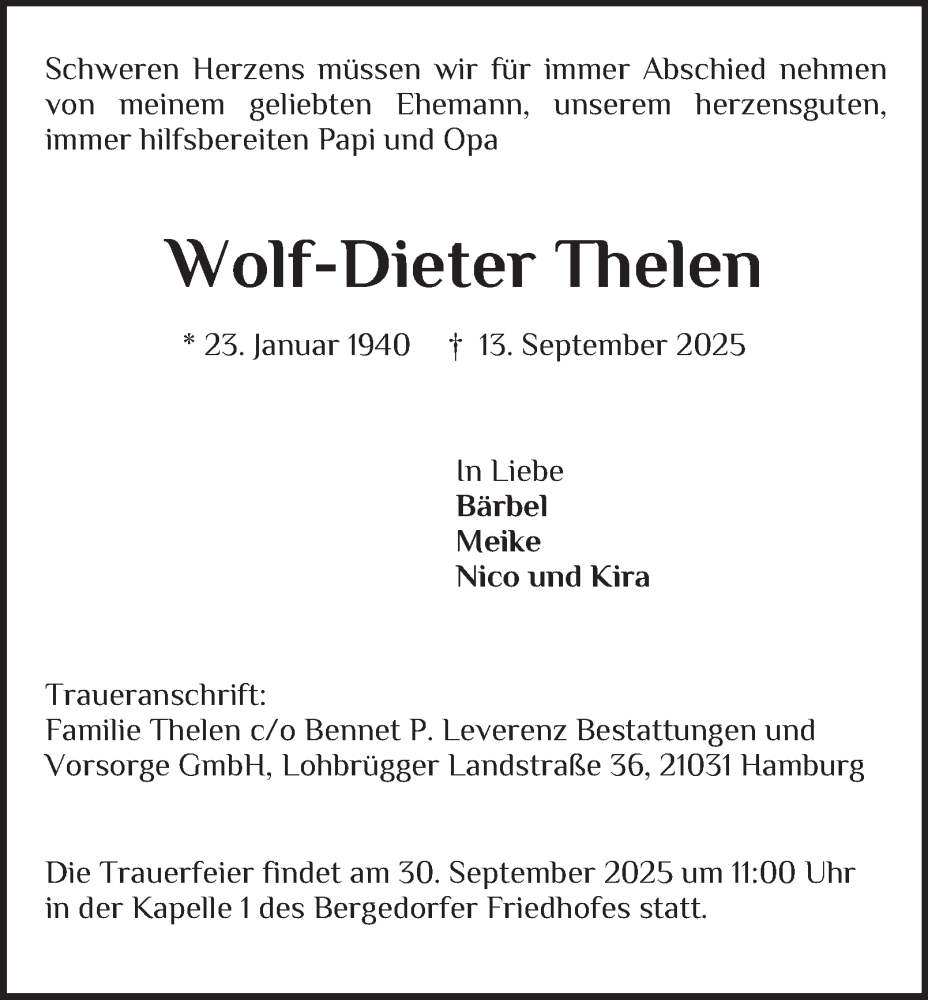  Traueranzeige für Wolf-Dieter Thelen vom 27.09.2025 aus Bergedorfer Zeitung