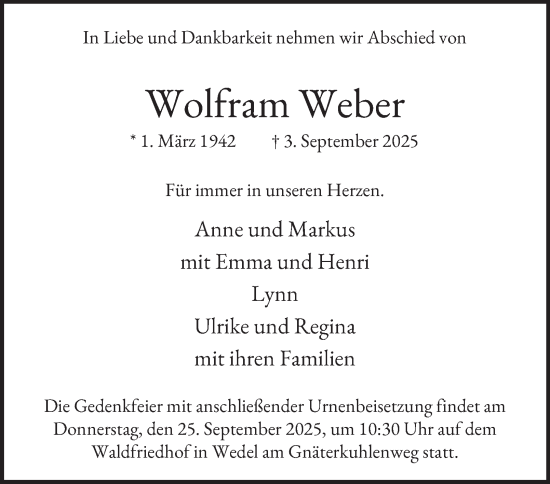 Traueranzeige von Wolfram Weber von Hamburger Abendblatt