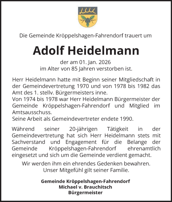 Traueranzeige von Adolf Heidelmann von Bergedorfer Zeitung