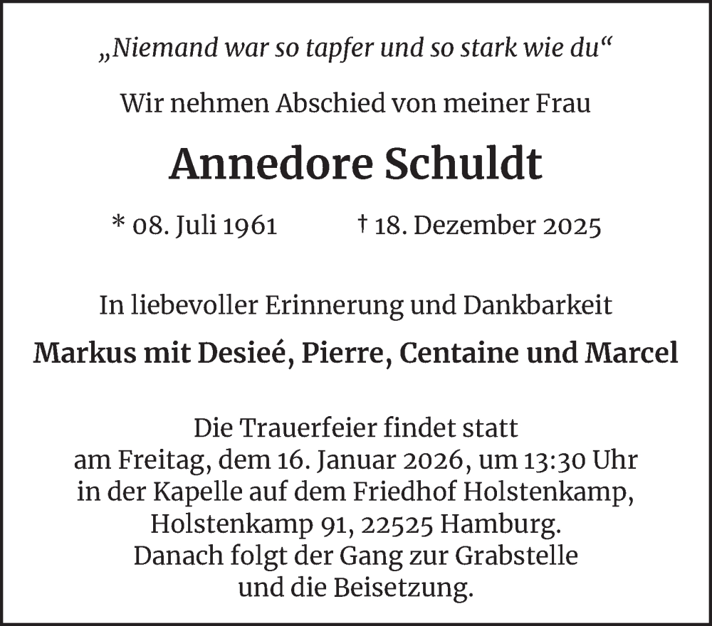  Traueranzeige für Annedore Schuldt vom 10.01.2026 aus Hamburger Abendblatt