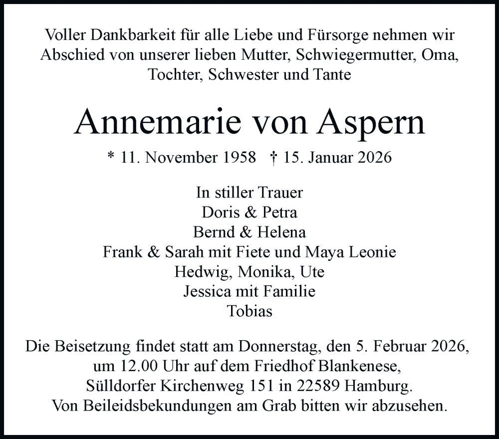  Traueranzeige für Annemarie von Aspern vom 31.01.2026 aus Hamburger Abendblatt