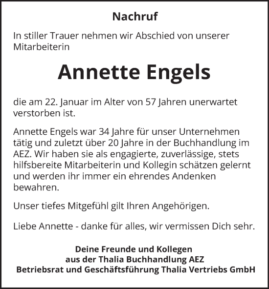 Traueranzeige von Annette Engels von Hamburger Abendblatt