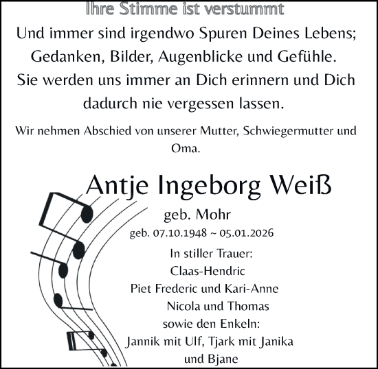 Traueranzeige von Antje Ingeborg Weiß 