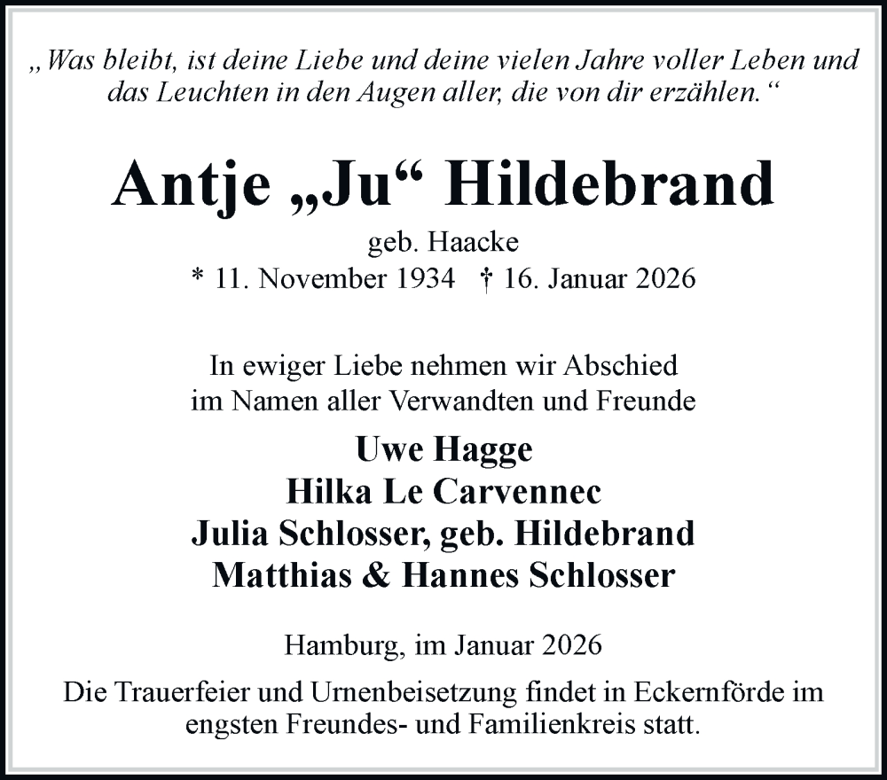  Traueranzeige für Antje „Ju“ Hildebrand vom 31.01.2026 aus Hamburger Abendblatt