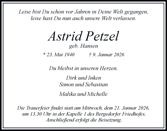 Traueranzeige von Astrid Petzel von Bergedorfer Zeitung
