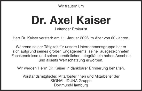 Traueranzeige von Axel Kaiser von Hamburger Abendblatt