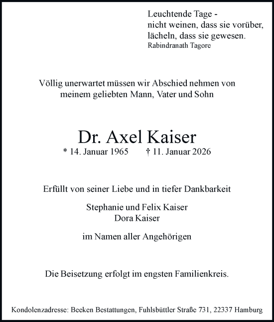 Traueranzeige von Axel Kaiser von Hamburger Abendblatt