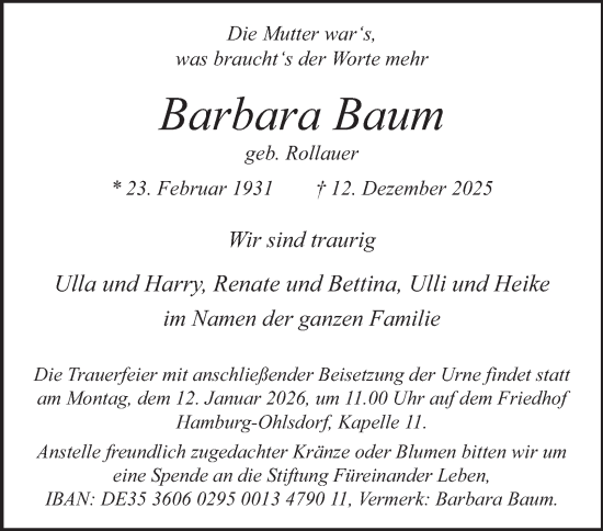 Traueranzeige von Barbara Baum von Hamburger Abendblatt