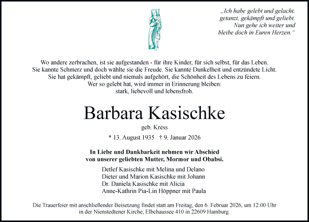  Traueranzeige für Barbara Kasischke vom 24.01.2026 aus Hamburger Abendblatt
