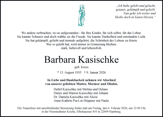 Traueranzeige von Barbara Kasischke von Hamburger Abendblatt