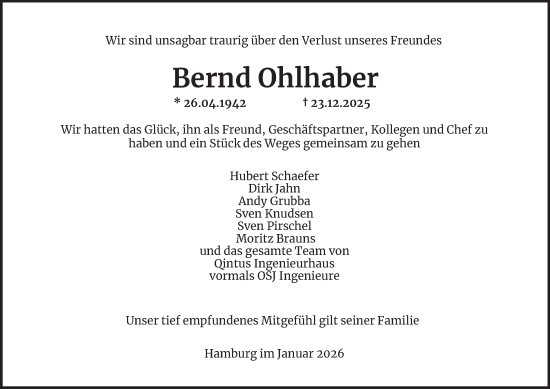Traueranzeige von Bernd Ohlhaber von Hamburger Abendblatt