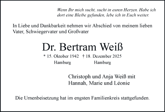 Traueranzeige von Bertram Weiß von Hamburger Abendblatt
