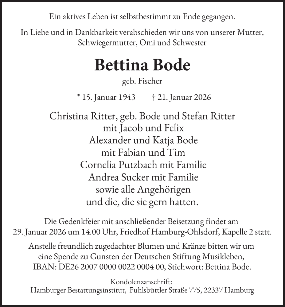  Traueranzeige für Bettina Bode vom 24.01.2026 aus Hamburger Abendblatt