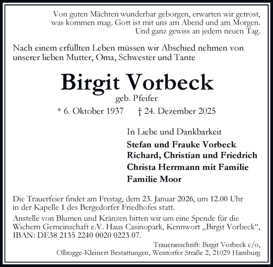 Traueranzeige von Birgit Vorbeck von Bergedorfer Zeitung