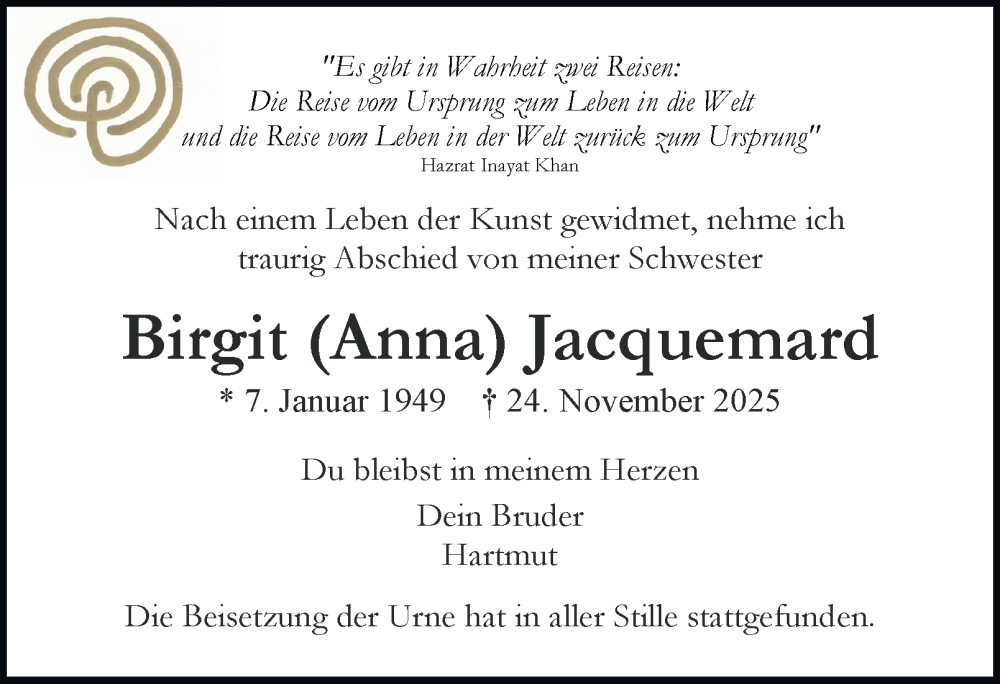  Traueranzeige für Birgit Anna Jacquemard vom 31.01.2026 aus Hamburger Abendblatt