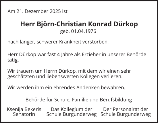 Traueranzeige von Björn-Christian Konrad Dürkop von Hamburger Abendblatt