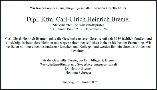 Traueranzeige von Carl-Ulrich Heinrich Bremer von Hamburger Abendblatt