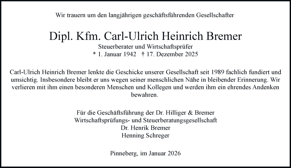  Traueranzeige für Carl-Ulrich Heinrich Bremer vom 03.01.2026 aus Hamburger Abendblatt