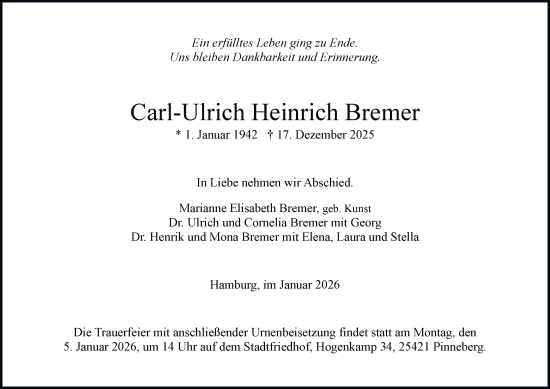 Traueranzeige von Carl-Ulrich Heinrich Bremer von Hamburger Abendblatt