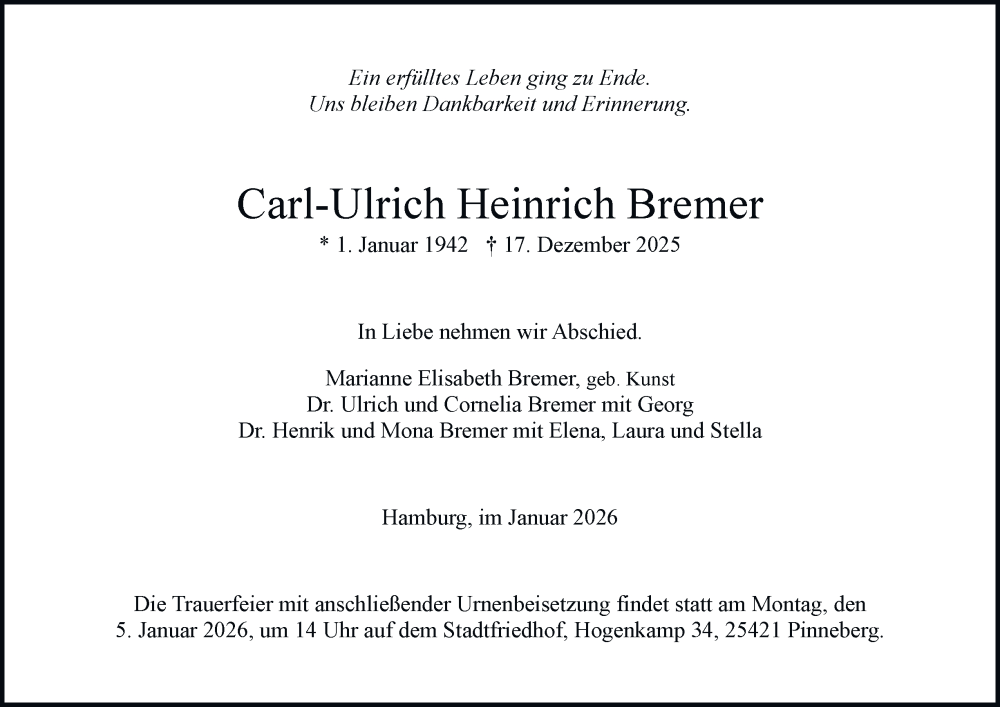  Traueranzeige für Carl-Ulrich Heinrich Bremer vom 03.01.2026 aus Hamburger Abendblatt